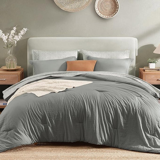 Monbix King Size Comforter Set - 7 Pieces Granite Grey Prewashed Bed in a Bag King Bedding Sets with Comforters, All Seasons Ultra Soft Comforter Bed Set with Sheets,Pillowcases & Shams