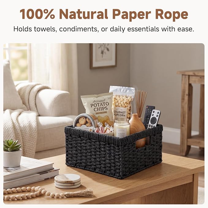 StorageWorks Wicker Basket with Handle, Wicker Storage Baskets for Organizing, Decorative Storage Baskets for Shelves, Paper Rope, Black, 2-Pack - Image 4