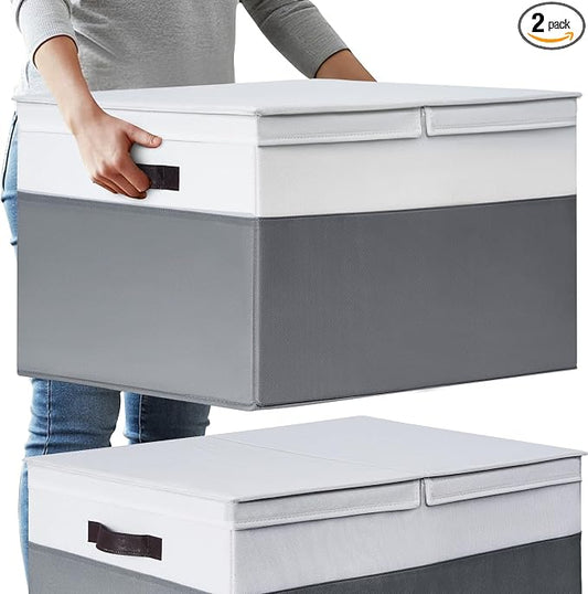 2 Pack EXTRA LARGE Blanket Storage Baskets with Lids, 22”x16”x12” Closet Organizers Bins for Clothes Towel/ Storage Box with Lid Handles/ Stackable Decorative Fabric Bins for Living Room, Nursery by Criusia