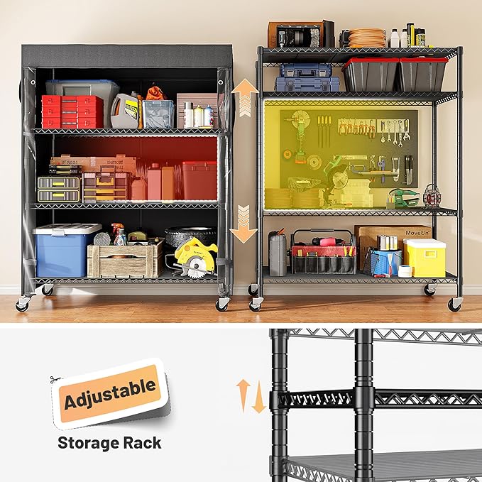 REIBII 4-Tier Storage Shelves Wire Shelving Unit with Cover & Wheels, Heavy Duty Metal Shelving for Dorm Storage Shelves, Garage Storage Rack Commercial Shelf, Pantry, Kitchen, 36" W*14.3" D*56.5" H - Image 6