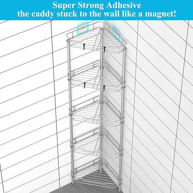HuggieGems 5 Tier Floor Standing Corner Shower Caddy Organizer Shelf with Hooks, Bathroom Shelves Stand Rack, Gray - Image 2