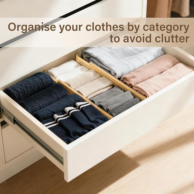 Bamboo Drawer Divider Set of 8, Adjustable Spring-Loaded Drawer Organizer (16.9"-22.2"), 2.3" Height, Suitable for Kitchen, Desk, Bathroom, Clothing, and Miscellaneous Drawer Organization, Natural - Image 6