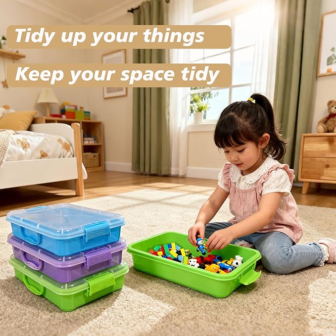 4 Qt (3.8L) Sensory Bin With Lid - 3 Pack, Stackable Storage Sensory Bins with Lids, Portable Sandbox, Organizers Sand, Arts, Crafts, (Blue, Green, Purple) - Image 3