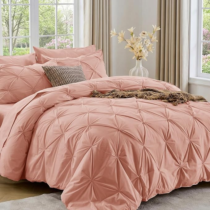 Sasttie Full Size Comforter Set, 7-Piece Bed in a Bag Double, Pintuck Bedding Set for All Season, Includes Comforter, Flat Sheet, Fitted Sheet, Pillowcases and Pillowshams, Blush