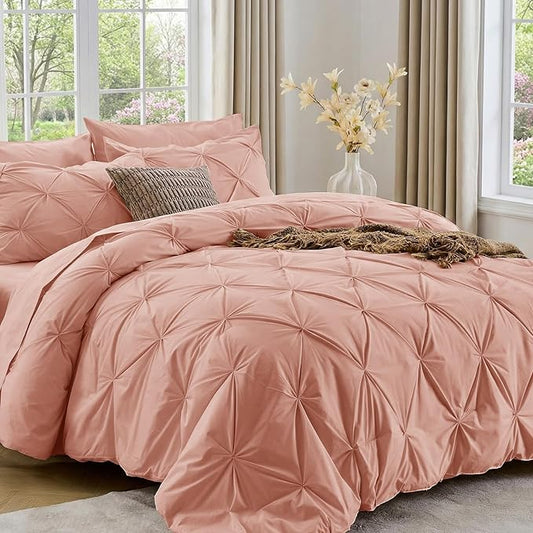 Sasttie California King Comforter Set, 7-Piece Bed in a Bag Cal King, Pintuck Bedding Set for All Season, Includes Comforter, Flat Sheet, Fitted Sheet, Pillowcases and Pillowshams, Blush