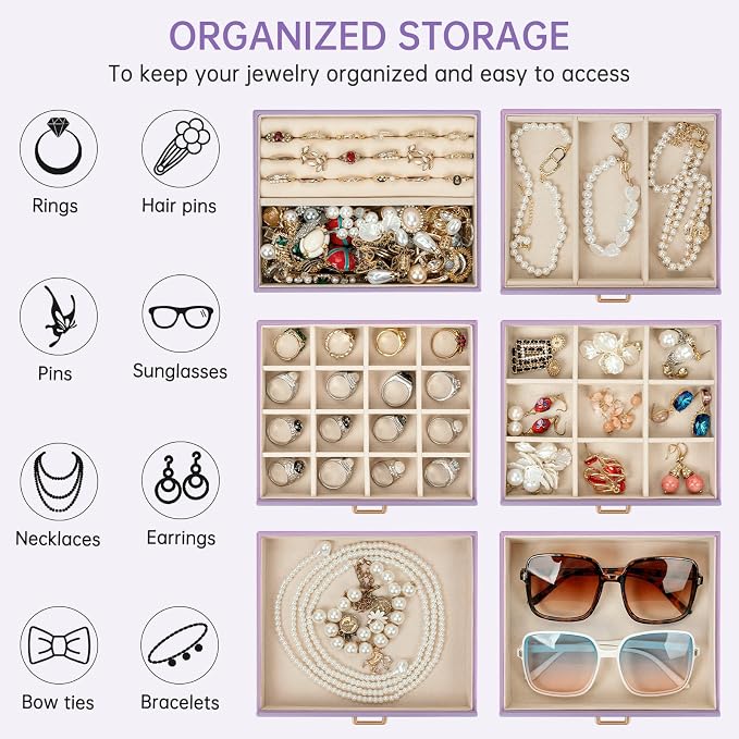 AKOZLIN 6-Tier Jewelry Box Organizer Functional 5 Drawers Leather Jewelry Storage Case for Women Girls Ring Necklace Earring Bracelet Holder Organizer with Mirror Violet - Image 3