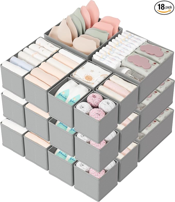 Criusia Drawer Organizers 18-Piece Set, Dresser Organizer for Baby Clothes, Foldable Closet Storage & Drawer Dividers for Underwear, Socks, Nursery (Gray) by Criusia