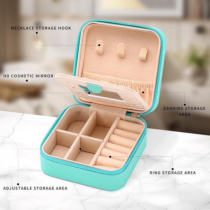 Neveika Jewelry Box with Mirror,Small Jewelry Organizer Box，Travel Jewelry Case for Women，Gift Jewelry Boxes for Female Girls (mirror blue) - Image 3
