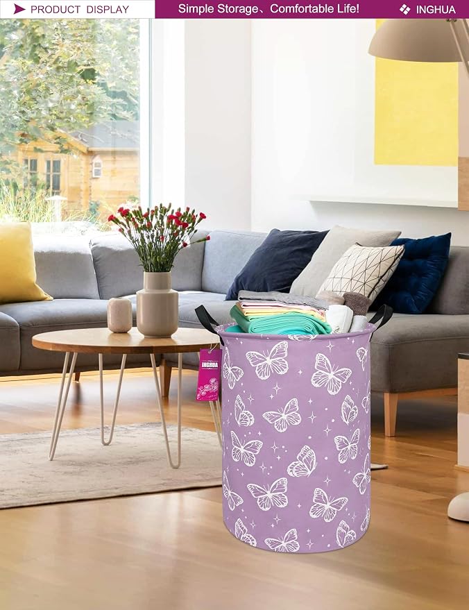 Laundry Hamper Large Canvas Fabric Lightweight Storage Basket/Toy Organizer/Dirty Clothes Collapsible Waterproof for College Dorms, Boys and Girls Bedroom,Bathroom(butterfly) - Image 4