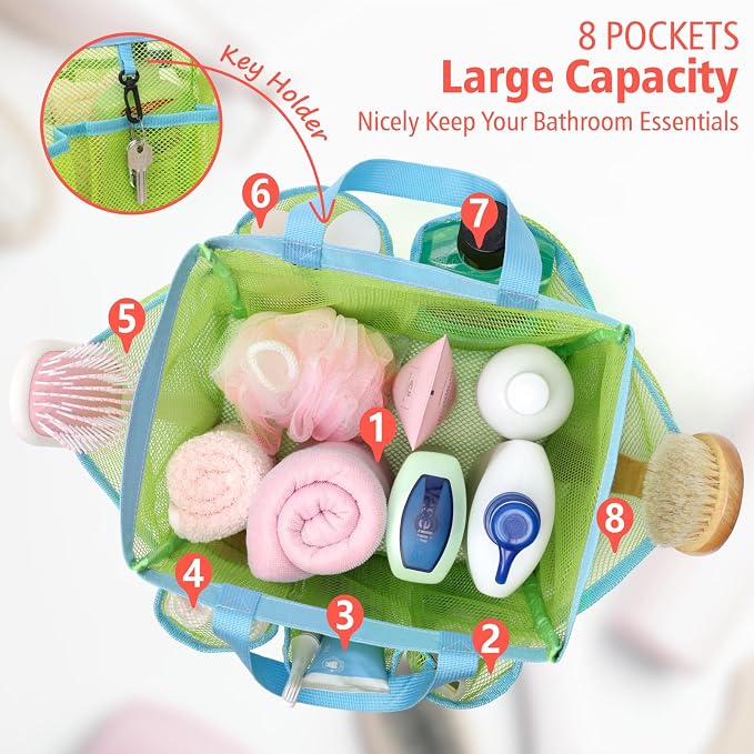 F-color Mesh Shower Caddy Portable, Upgrade Deeper 7 Pockets Shower Bag Basket Bag Tote for College Dorm Room Toiletry Bathroom Essentials Gym Camp Quick Dry 2 handles with S Hook - Image 7