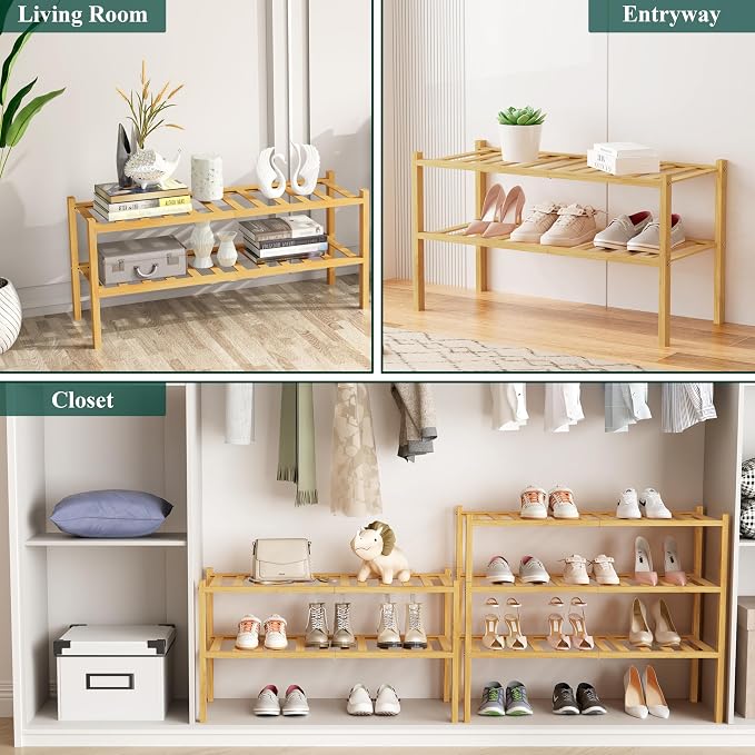 Smiry Shoe Rack, 6 Tier Bamboo Shoe Organizer, Stackable Free Standing Wooden Shoe Storage Shelf for Closet, Entryway, Front Door Entrance, Natural - Image 7