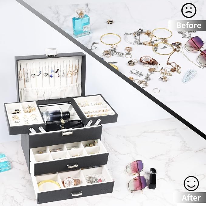 Dajasan Jewelry Organizer Box, Large Jewelry Boxes for Women Girls, Space-Saving 4 Layers Jewelry Storage Case with Drawer, Movable Metal Stand, Modern, Gift Idea (Black + Silver) - Image 2