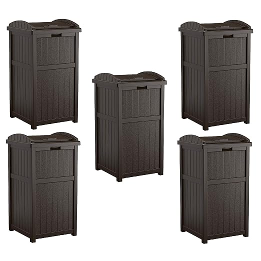 Suncast 5 Pack 33 Gallon Durable Plastic Hideaway Outdoor Garbage Can with Secure Lid & Wicker Design for Home Backyards, Decks, or Patios, Java Brown by Suncast