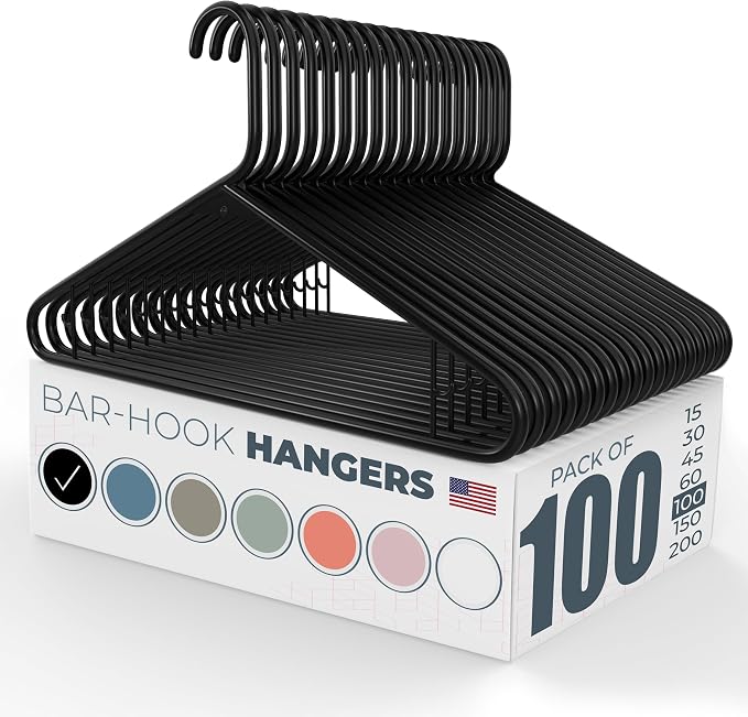 Neaties Plastic Hangers 100 Pack – Made in the USA – 6lb Capacity Standard Clothes Hangers with Strap Hooks for Dresses, Lingerie, Shirts, Pants, and Jackets – Black by NeatiesHangers