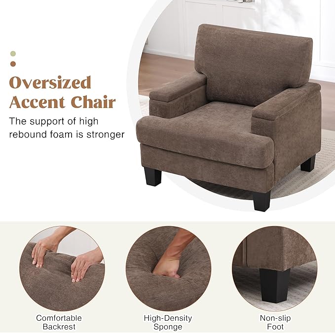 Accent Chair with Storage Armrest, Modern Upholstered Living Room Chairs, Comfy Large Armchair, Fabric Single Sofa ReadingChair for Bedroom, Dark Brown