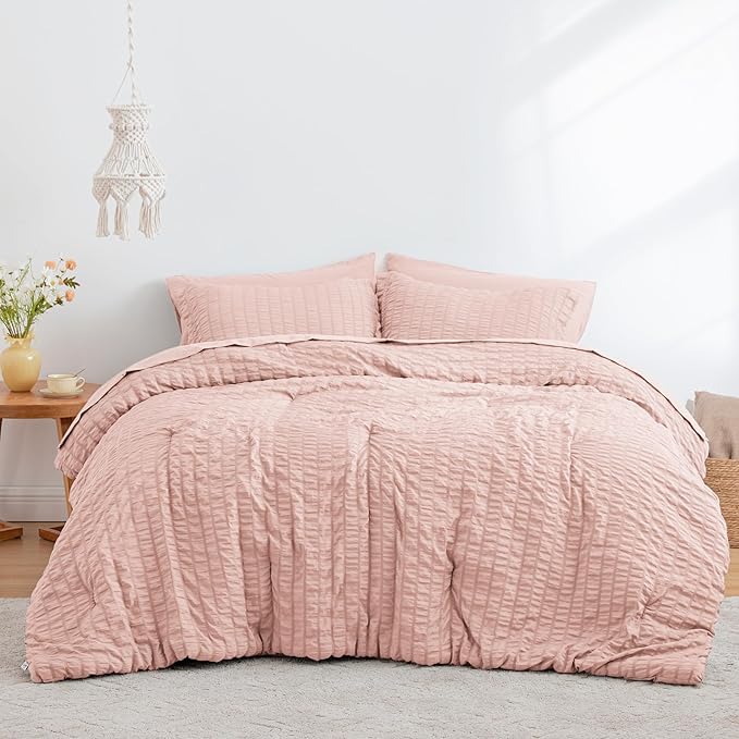 Love's cabin Seersucker Pink Queen Comforter Set, 7-Piece All Season Lightweight Bed in a Bag Bedding Set with Comforter, Flat Sheet, Fitted Sheet, Pillowcases and Shams | Soft, Breathable, Lightweight