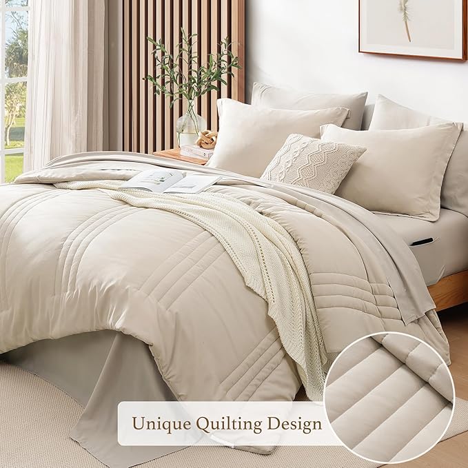 Monbix Super King Plus Size Comforter Set - 7 Pieces Apricot Beige Bed in a Bag Super King Plus Bedding Sets with Comforters, All Seasons Comforter Bed Set with Sheets,Pillowcases & Shams