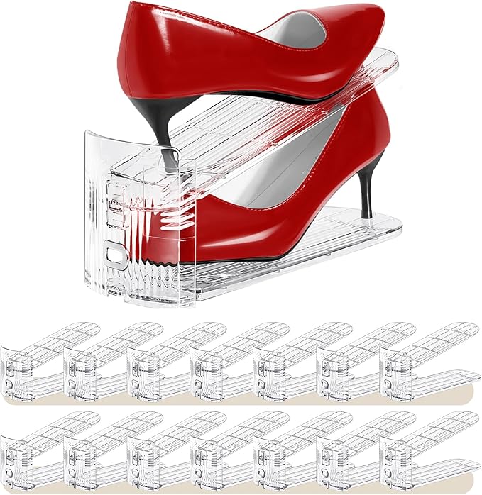 Shoe Slots Organizer 15 Pack - Shoe Stackers,3 Levels Adjustable,Space Savers 50%,Double Layer Holders for Closet (Transparent),Organizador de Zapatos by Tgzwme