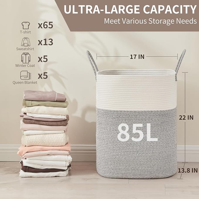 AINUOQI Laundry Basket with Handles - Blanket Basket & Hampers for Bedroom Aesthetic, Laundry Hamper & Blanket Storage for Living Room, Clothes Hamper, Tall, Large 17" x 14" x 24”, White & Grey - Image 2