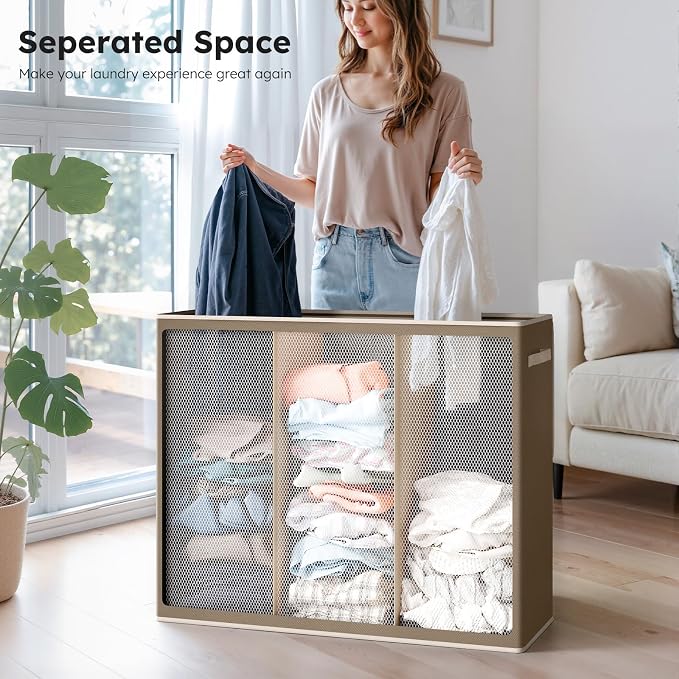 SOLEDI 180L 3-Section Laundry Hamper with Lid, Extra Large Dirty Clothes Basket with Sturdy Handles for Laundry Room & Bedroom - Durable Organizer for Sorting Laundry - Image 2