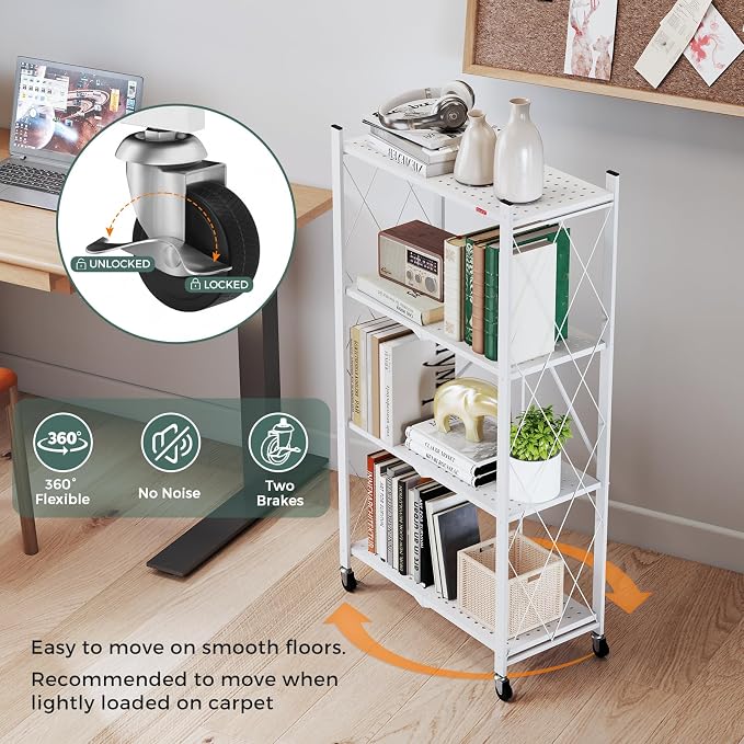 DEANIC 4 Tier Foldable Storage Shelves with Wheels, Large Capacity Shelving Unit, Freestanding Metal Wire Shelf Rack, No Assembly Organizer Rack for Garage Kitchen, Basement, Pantry(White) - Image 9