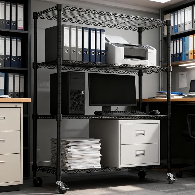 M MZG 1400LBS 47.2" W 4 Tiers Storage Shelves Metal Shelving Unit with Wheels Heavy Duty Garage Shelving Adjustable Wire Shelves for Pantry,Kitchen,Garage,Basement,Black 17.7" D x 47.2" W x 62.7" H - Image 8