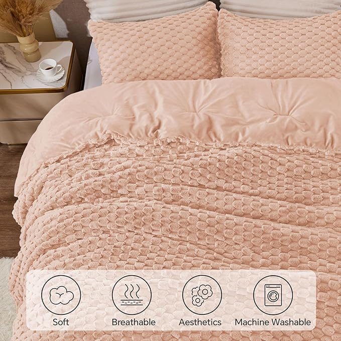 BEDELITE Fluffy Queen Comforter Set - Coral Pink Fleece Soft Comforter for Queen Size Bed, Luxury Warm Bedding Set for Winter, Fuzzy Bed Set 3 Pieces (1 Comforter, 2 Pillowcases)
