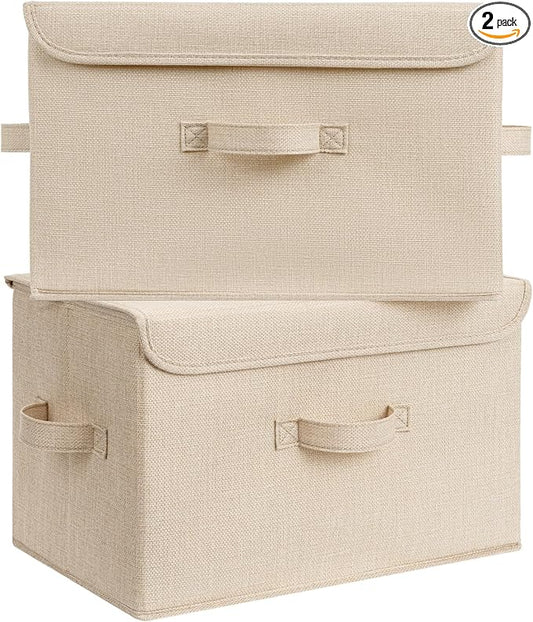 GRANNY SAYS Stoarge Basket with Lid, Decorative Storage Boxes, Closet Storage Bins for Clothes, Collapsible Stackable Organization, Khaki, 2-Pack by GRANNYSAYS