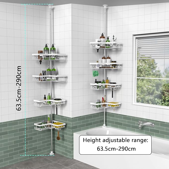 KEGII Corner Shower Caddy Tension Pole - 4-Tier Rustproof Bathroom Organizer, Floor to Ceiling Shower Caddy 25-114.2 inch, No Drilling Shower Storage Rack for Shampoo, Towels (Matte White) | Rustproof, Bathroom Organizer, Shower Storage Rack, for Shamp... - Image 6