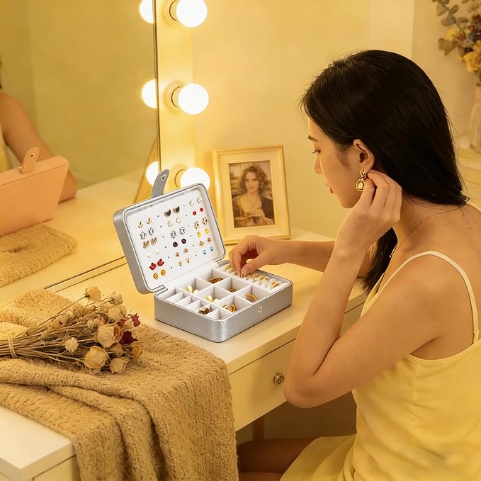 QBestry All-in-One Travel Jewelry Organizer for Women Silver | Small Jewelry Box with 68 Earring Holes | Compact Portable Jewelry Case for Earrings, Rings, Necklaces | Perfect Gifts for Mom Wife Girls - Image 4