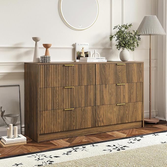 6 Drawer Dresser and Nightstand Sets for Bedroom, 3 Pcs Bedroom Set, Night Stand Set of 2 & 6 Drawer Dresser with Gold Handles, Modern Wood Chest of Drawers Storage Cabinet Set, Natural