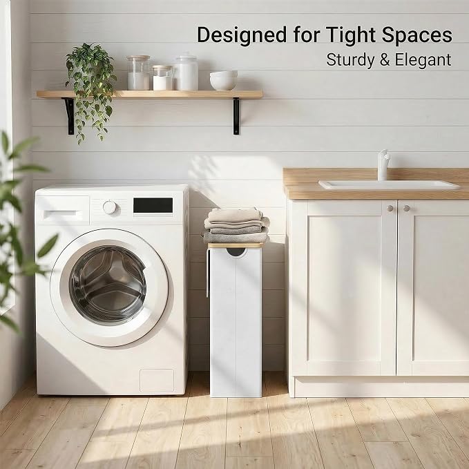 efluky Slim Laundry Basket with Lid, Narrow Laundry Hamper with Removable Bag, Skinny Dirty Clothes Basket with Bamboo Handles for Bathroom, Bedroom & Laundry Room, 65L White - Image 5
