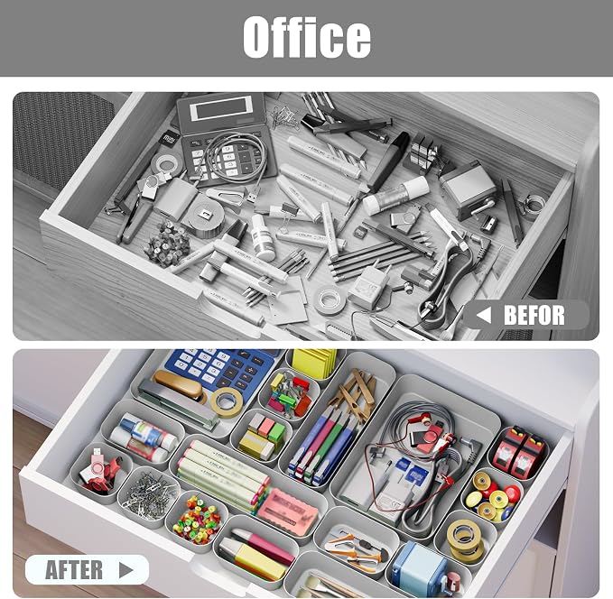 18 pcs Desk Drawer Organizer Tray, Multiple Sizes Plastic Drawer Organizer Storage, Stackable Organizer Containers For Makeup, Bedroom, Kitchen Gadgets Utensils and Office - Image 6
