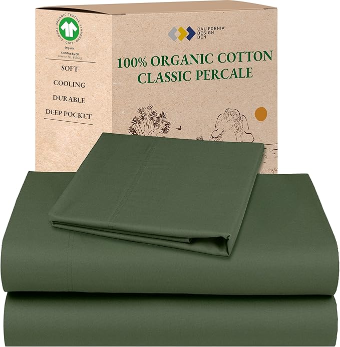 California Design Den Soft 100% Cotton Percale Sheets Twin Size Bed Set with Deep Pockets - Crisp, Breathable and Durable Cotton Bedding Set - Olive Green