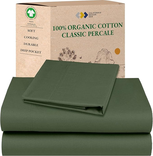 California Design Den Twin XL Sheets Cotton Set - Soft 100% Organic Cotton Sheets, Deep Pockets, Crisp Percale, Breathable and Durable Bedding Set for Dorms, Hospitals - Olive Green