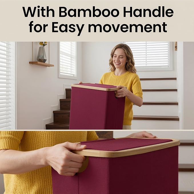 efluky Slim Laundry Basket with Lid, Narrow Laundry Hamper with Removable Bag, Skinny Dirty Clothes Basket with Bamboo Handles for Bathroom, Bedroom & Laundry Room, 75L Burgundy - Image 8