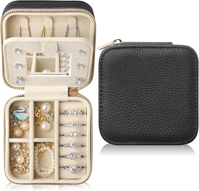 Genuine Leather Travel Jewelry Case Organizer with Mirror for Women, Small Jewelry Box Portable Mini Jewelry Case for Earring, Ring, Necklace, Bracelet（Lychee Grain Black） by NGVRC