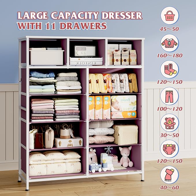 WLIVE Storage Organizer Unit with 11 Fabric Bins, Storage Drawers Organizer with Steel Frame, Tall Storage Tower Organizaton for Living Room, Hallway, Office,A-Pink - Image 4