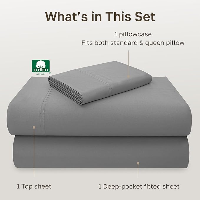 California Design Den Twin Sheet Set - 100% Cotton, Luxury 600 Thread Count Deep Pocket Twin Sheets, Durable Bedding with Soft Sateen Weave - Mist Grey