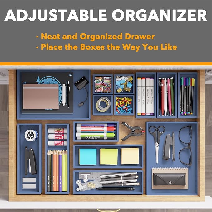 SpaceAid 14-Piece Bamboo Drawer Organizer Storage Boxes Set, Wood Tray Junk Drawer Organizers Multi-Use Divider Bins for Kitchen, Bathroom, Office Desk and Makeup Organization (14 Pack, Navy Blue) - Image 5