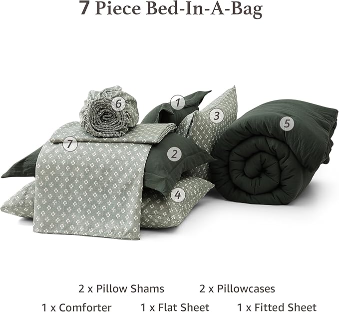 Monbix King Size Comforter Set - 7 Pieces Deep Forest Prewashed Bed in a Bag King Bedding Sets with Comforters, All Seasons Ultra Soft Comforter Bed Set with Sheets,Pillowcases & Shams