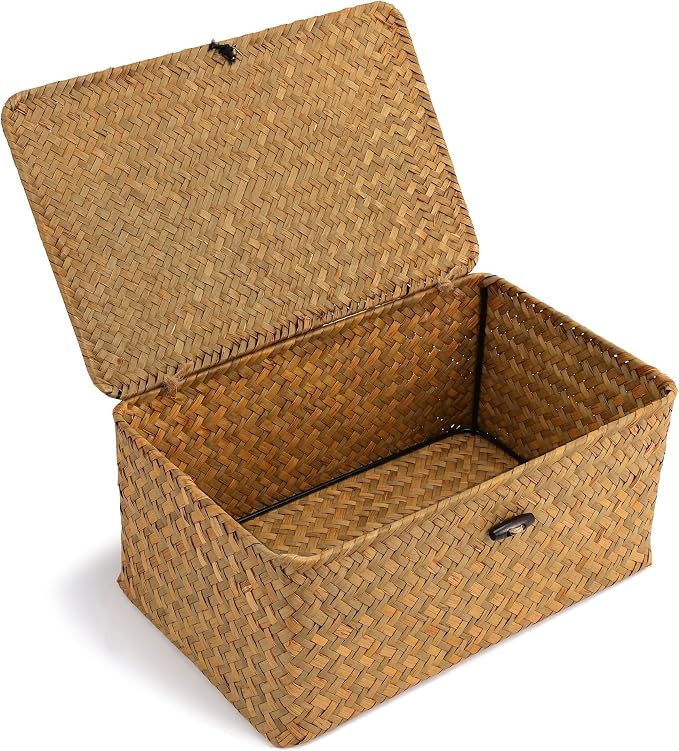 Nonam Small Basket with Lid, Natural Seagrass Bin with Lid, Shelf Baskets Multipurpose Container for Boho Decoration, Rectangular Household Storage Boxes for Home Organization-Natural by Unknown