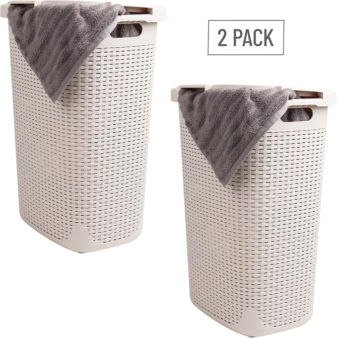 Mind Reader Slim Laundry Hamper with Lid, 60L Tall Clothes Basket, Narrow Tapered Design for Bathrooms, Closets and Laundry Rooms, Plastic, 2 Pack, Ivory - Image 7
