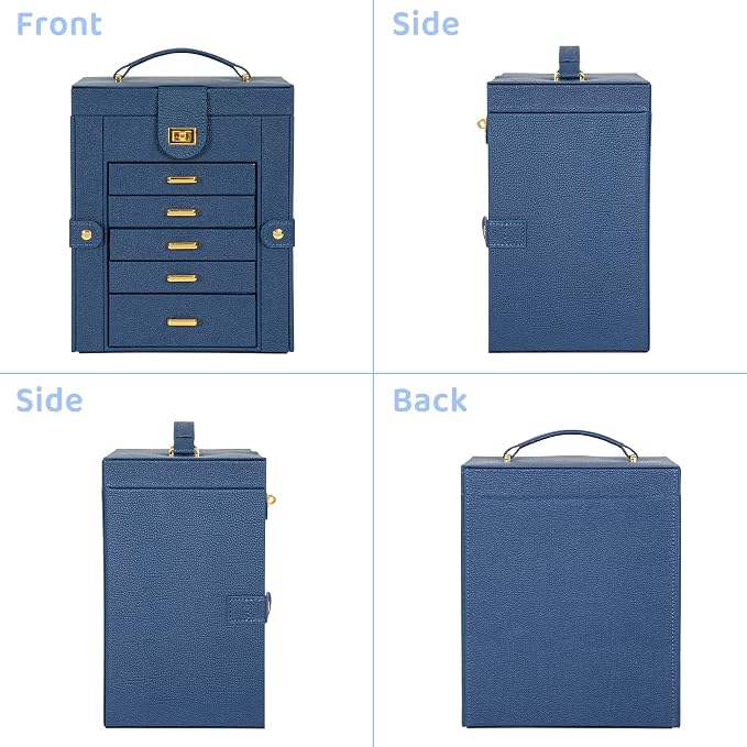 AKOZLIN Jewelry Box Organizer Functional Leather Jewelry Storage Case for Women Girls Ring Necklace Earring Bracelet Holder Organizer with Mirror Blue - Image 9