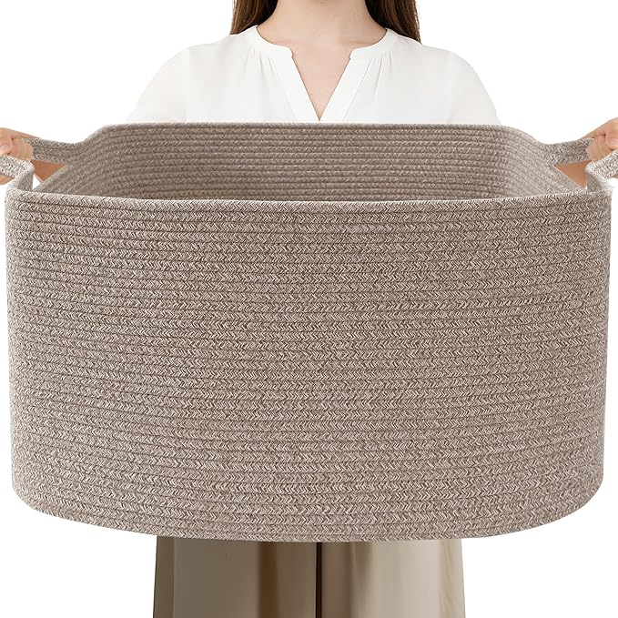 Large Blanket Basket,Woven Rope Basket Storage Bin with Handles,65L Rectangle Laundry Basket for Magazines,Toys,Clothes,Newspaper Shelf Organization,Nursery and Living Room,Brown by HZFTJOY