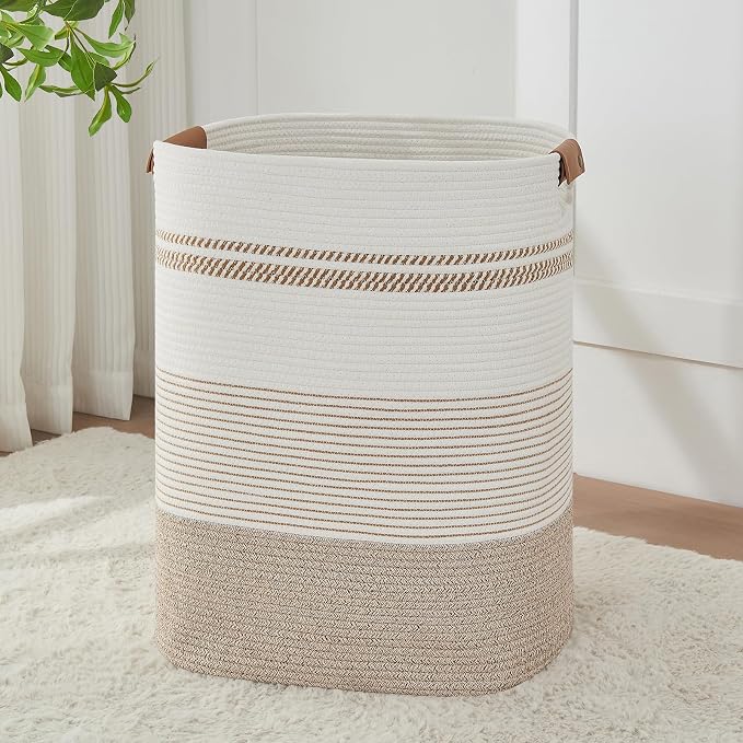 AINUOQI Laundry Basket with Handles - Blanket Basket & Hampers for Bedroom Aesthetic, Laundry Hamper & Blanket Storage for Living Room, Clothes Hamper, Tall, Large 17" x 14" x 22”, Light Brown & White by AINUOQI