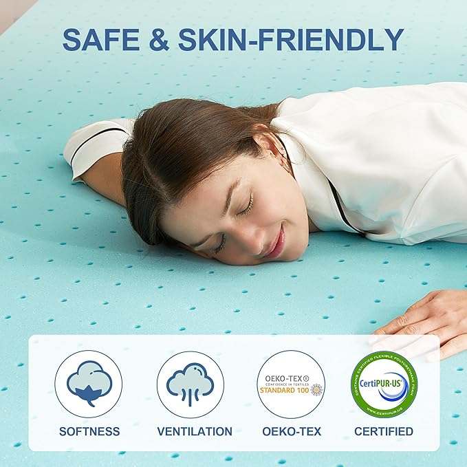 2 Inch Memory Foam Mattress Topper King, Mattress Pad Gel Infused Foam Bed Topper, Ventilated Soft Blue,King Size
