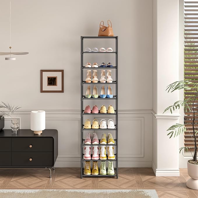 Autonomier 10 Tier Tall Shoe Rack, Non-Woven Fabrics Compact Narrow Shoe Stand Shelf, Vertical Small Space Saving Storage Organizer for Closet Floor, Front Door Entrance, Entryway, Black - Image 6