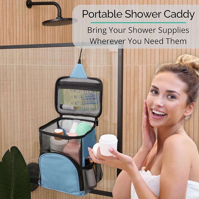 TERRA HOME College Dorm Room Essentials for Girls - Shower Caddy Dorm - Original, Portable, Durable, Roomy, Foldable Water Resistant Shower Bag in Light Pink with Metal Hook for Hanging (Light Blue) - Image 7