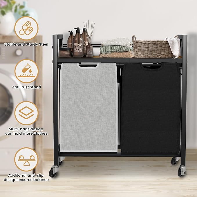 SwaaVee Laundry Hamper, Laundry Basket, Laundry Sorter with 2 Removable Bags, Clothes Basket with 2 Compartments, Wheels, Shelf for Laundry Room Bathroom Bedroom (2 Bags-Black Grey) - Image 6